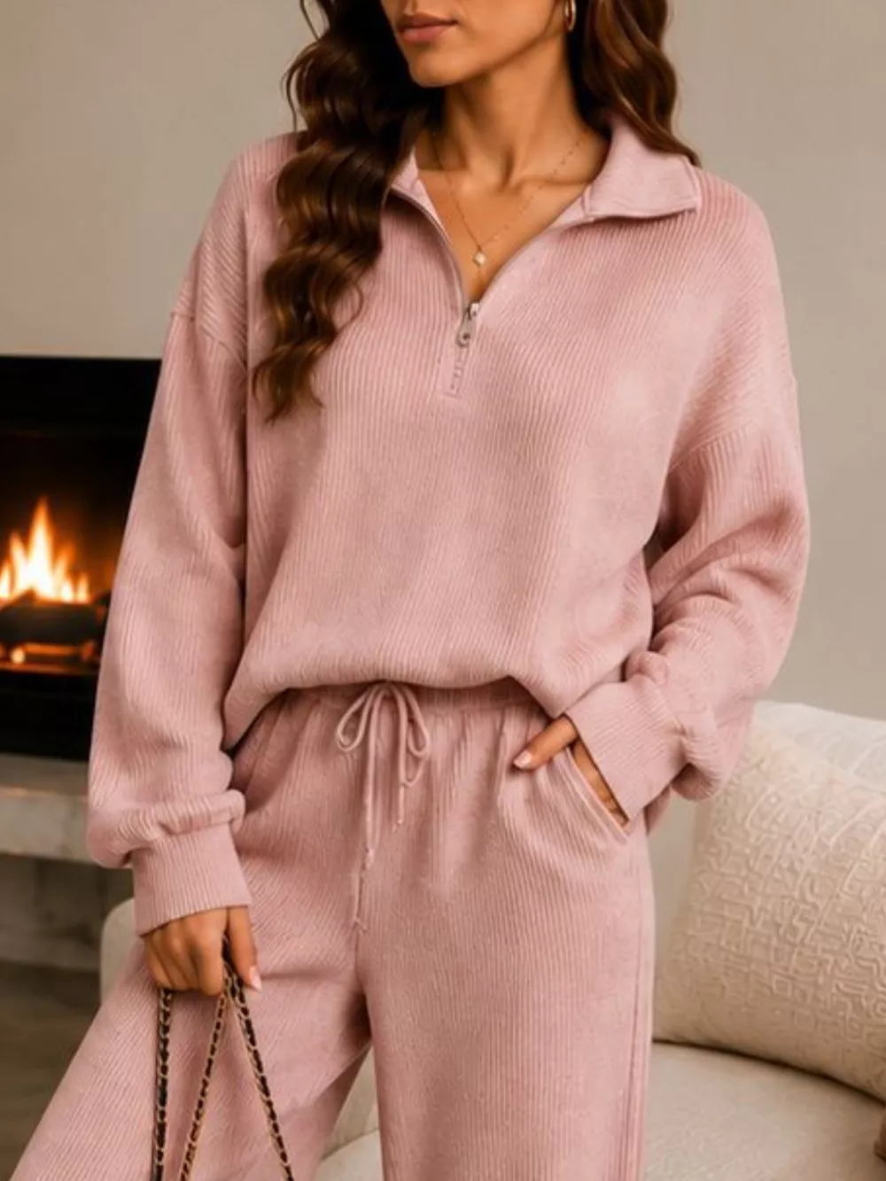 Ribbed Knit Quarter-Zip Top and Wide-Leg Pants Set, image 19