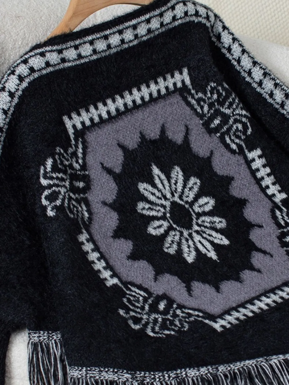 Fringe Geometric Long Sleeve Poncho, image 7