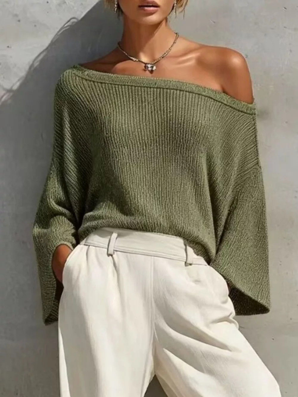 One-Shoulder Knit Top and High-Waisted Pants Set, image 5