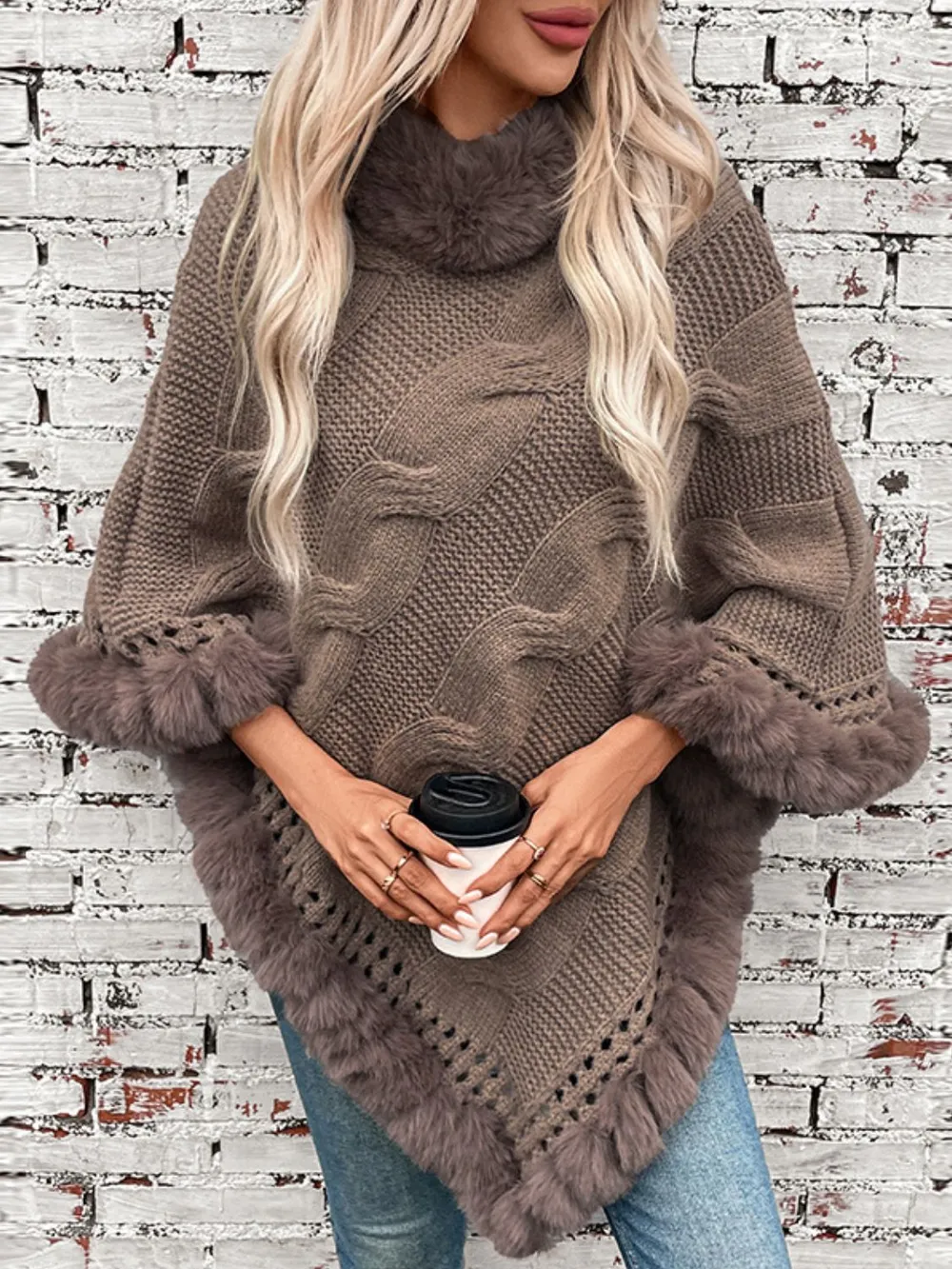 Fuzzy Hem Cable-Knit Poncho, image 4