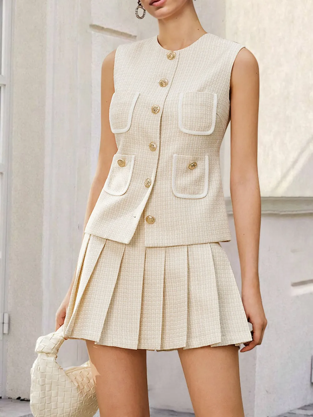 Tweed Button-Front Vest and Pleated Skirt Set, image 2