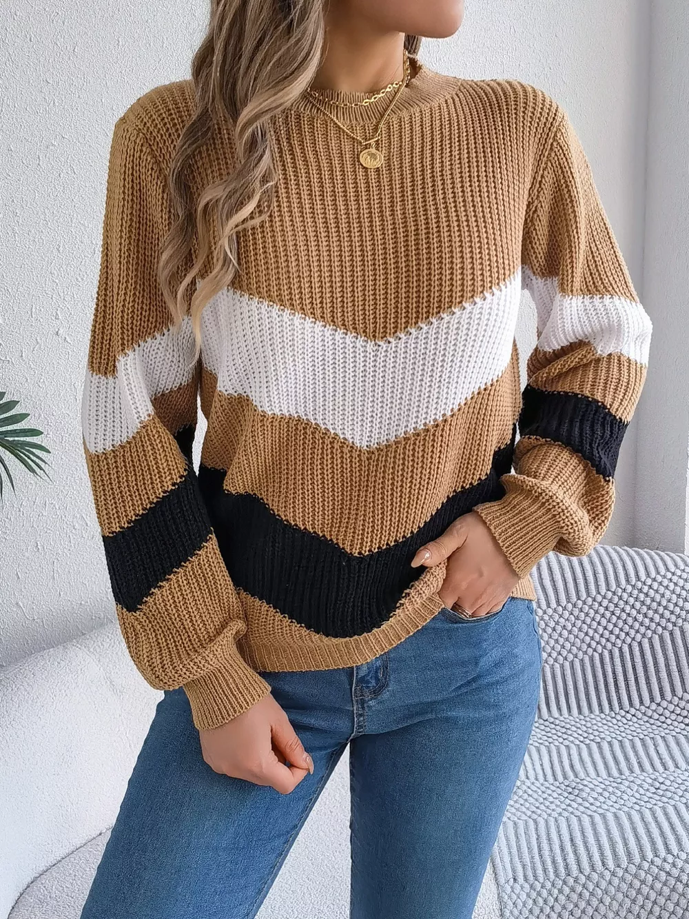 Chevron Stripe Color Block Round Neck Sweater, image 18