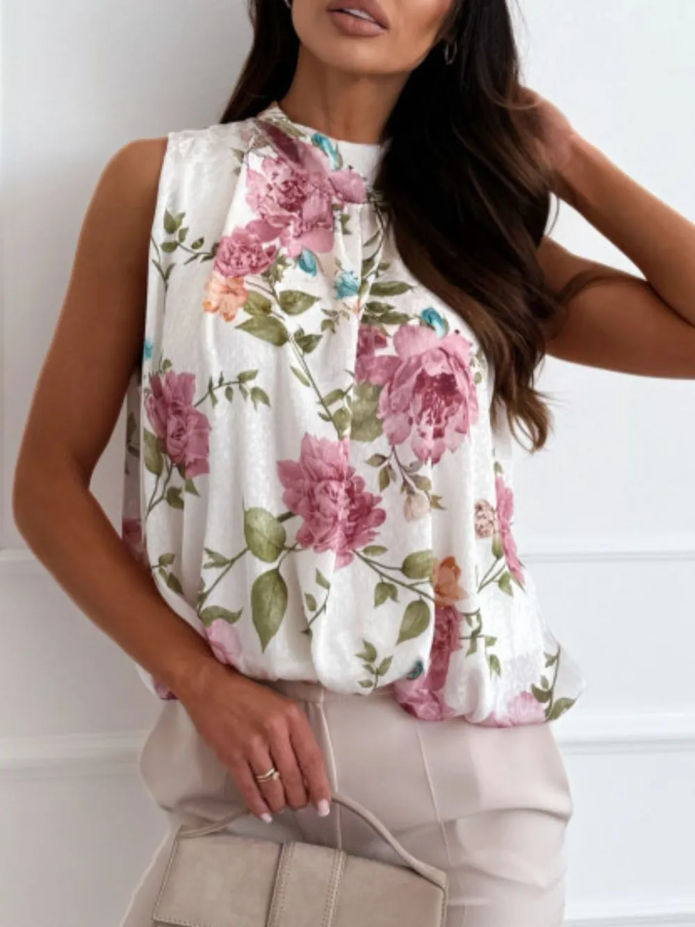 Floral Mock Neck Sleeveless Blouse, image 4