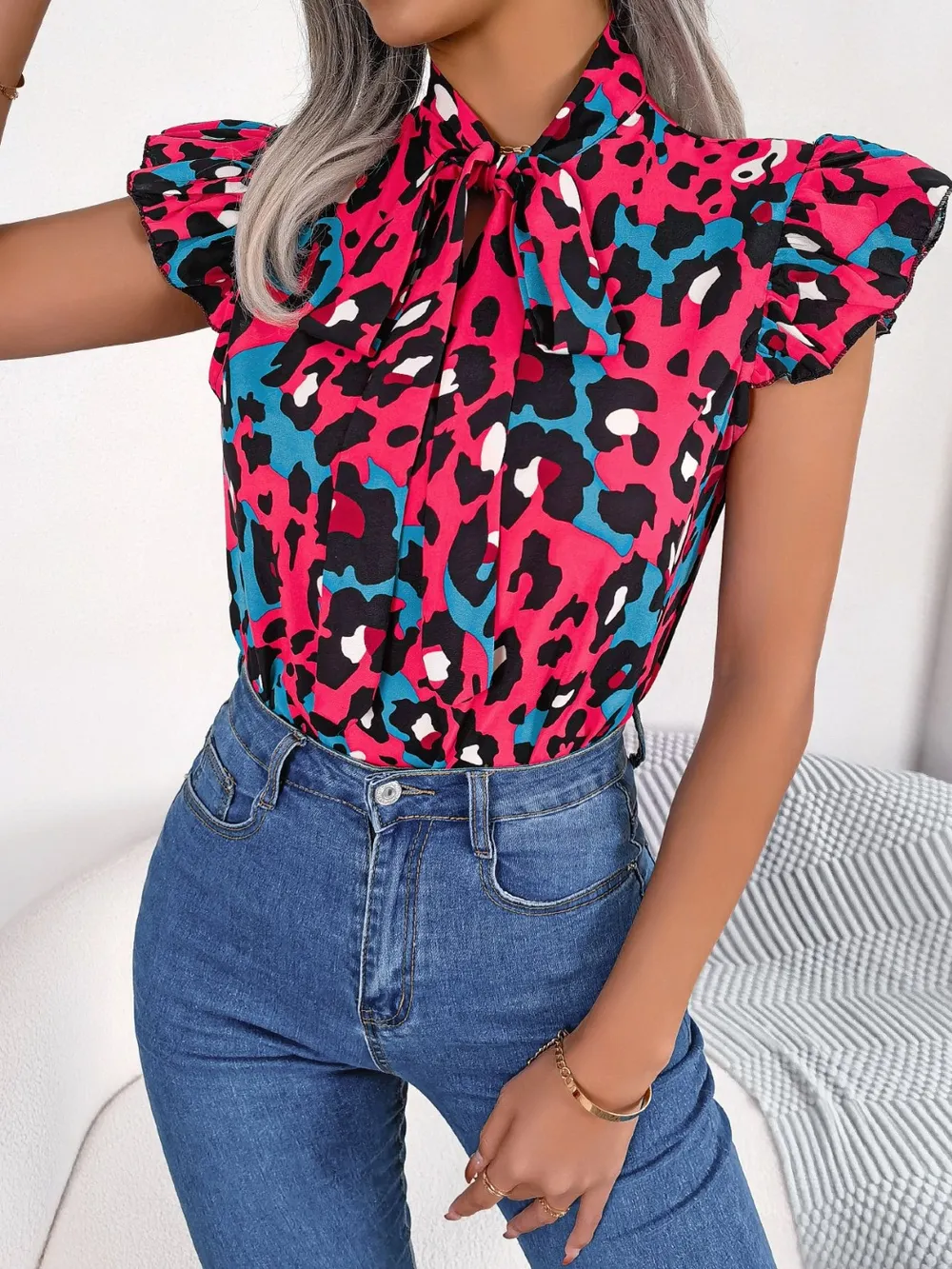 Leopard Tie Neck Cap Sleeve Blouse, image 11