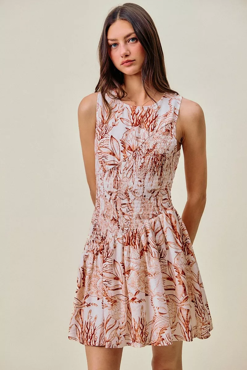 Shell Print Smocked Fit And Flare Mini Lined Dress, image 14