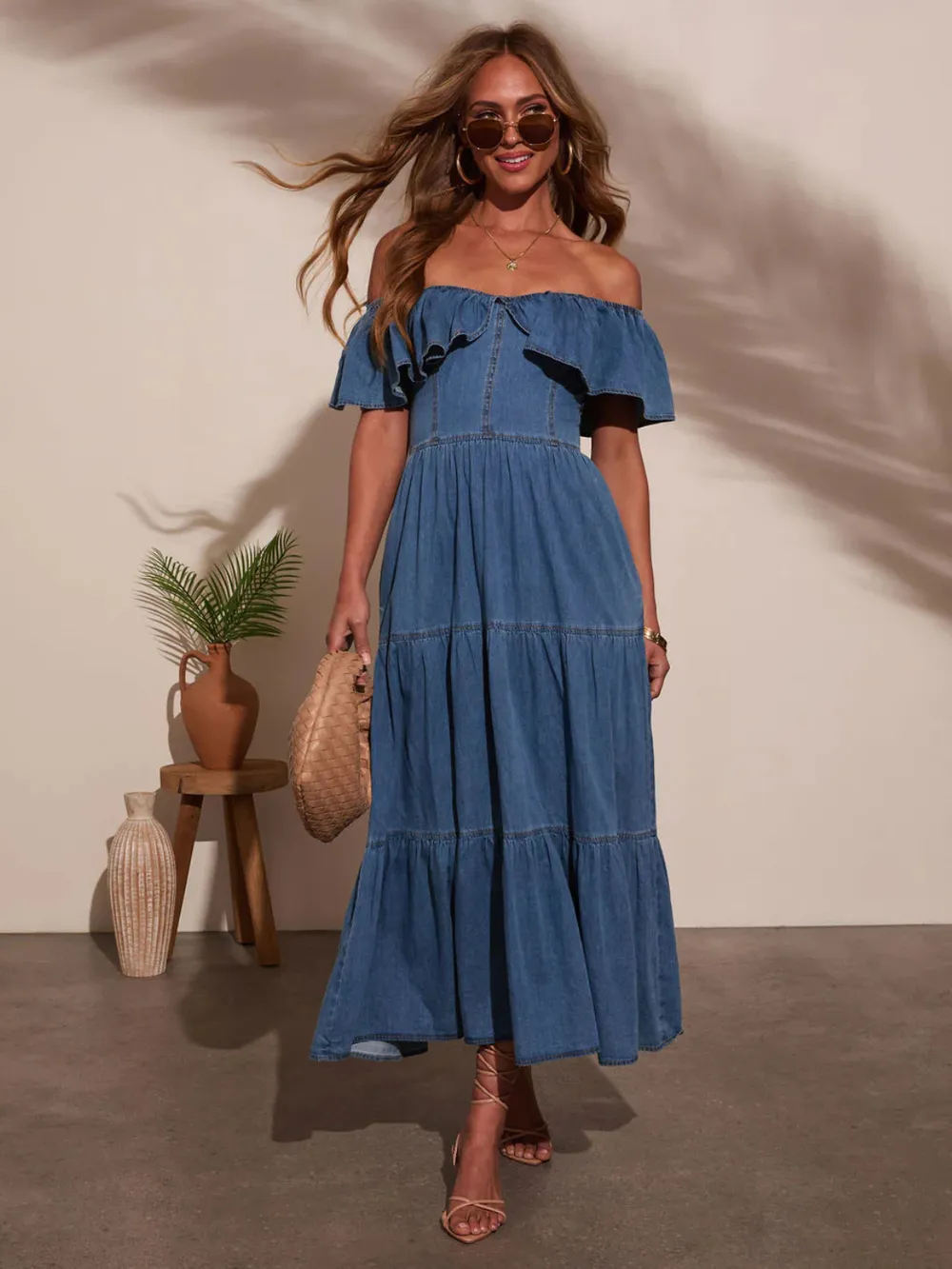 Off Shoulder Ruffle Tiered Denim Dress, image 3