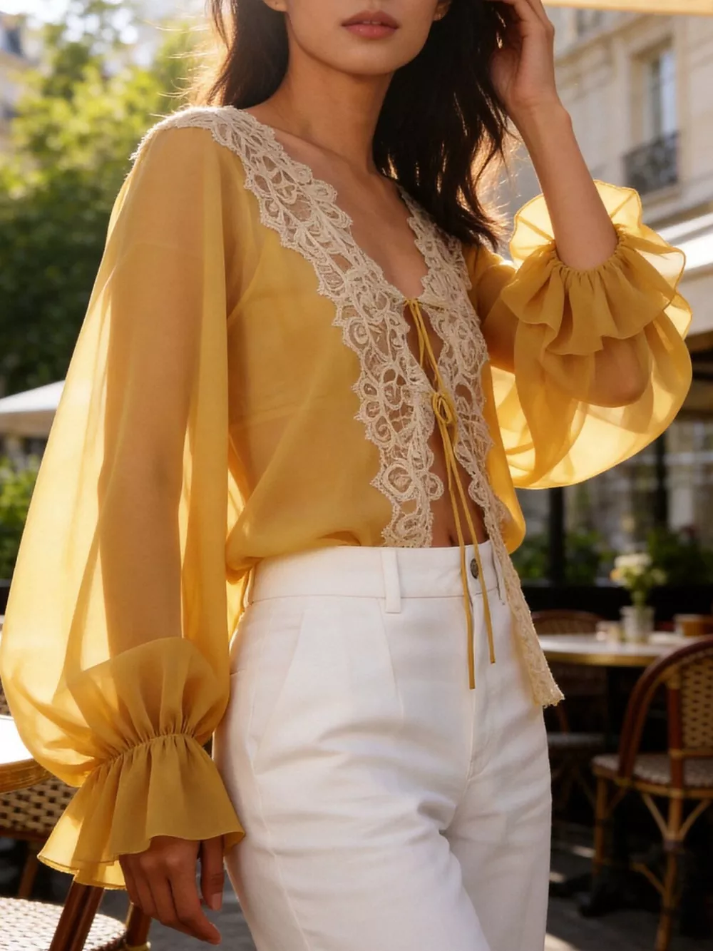 Sheer Lace-Trimmed Front Tie Blouse, image 2