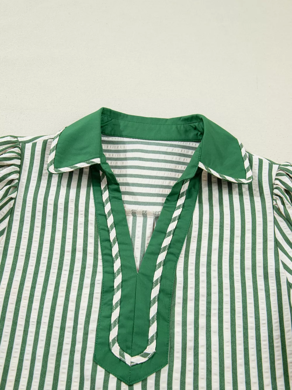 Stripe Collared Split Neck Short Bubble Sleeve Blouse, image 6