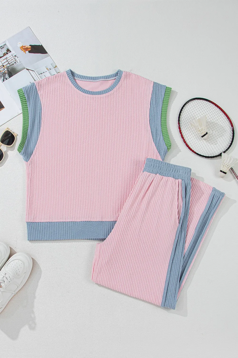 Contrast Round Neck Top and Pants Set, image 6
