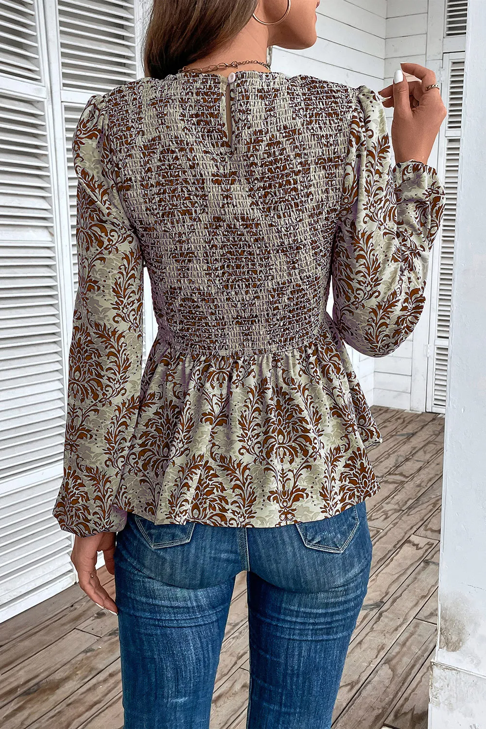 Smocked Printed Balloon Sleeve Blouse, image 7