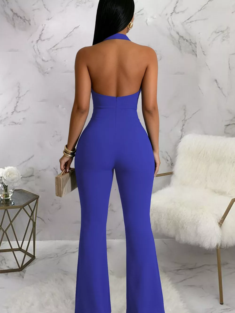 Halter Neck Cut-Out Flare Jumpsuit with Button Detail, image 2