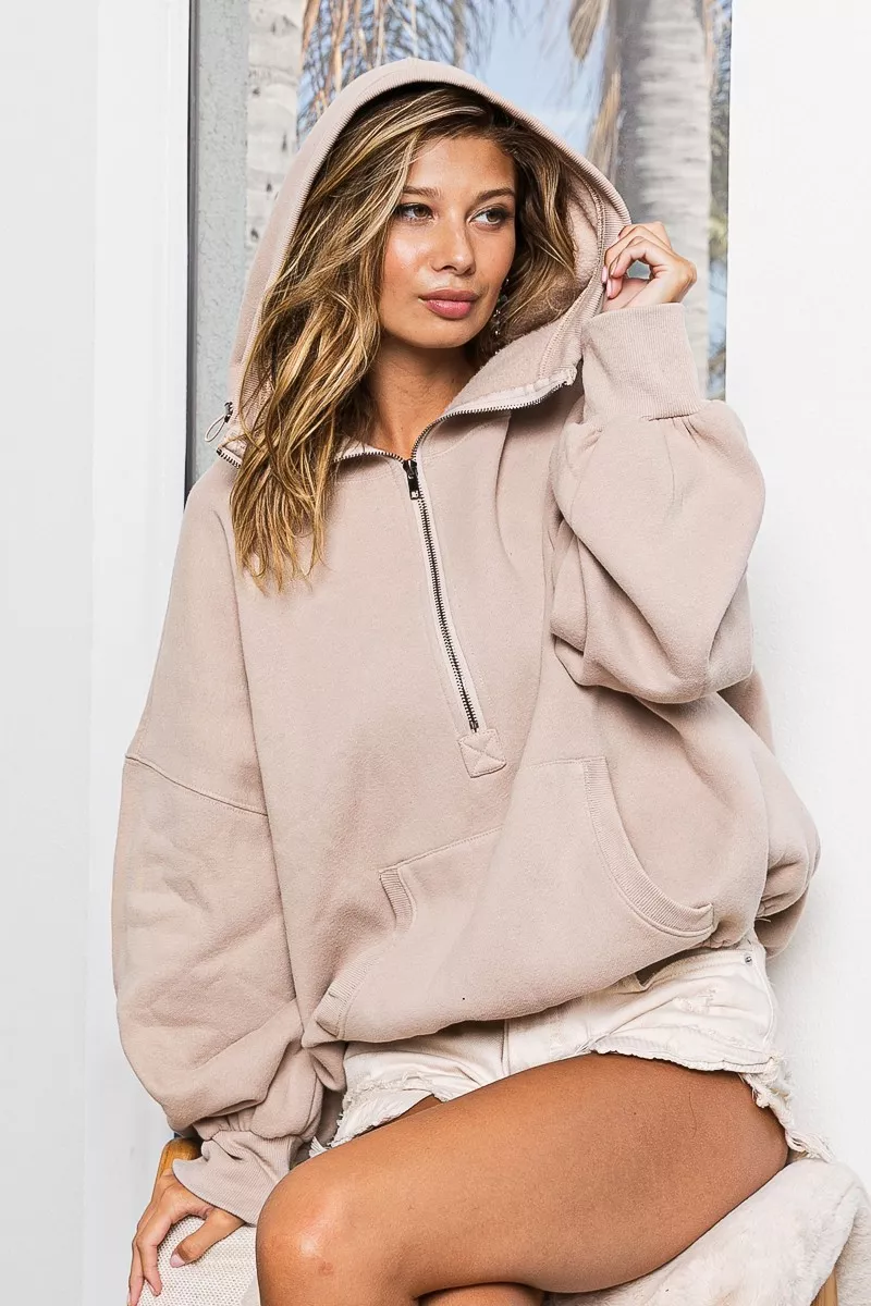 Stitch Detailed Elastic Hem Half Zip Fleece Hoodie, image 4
