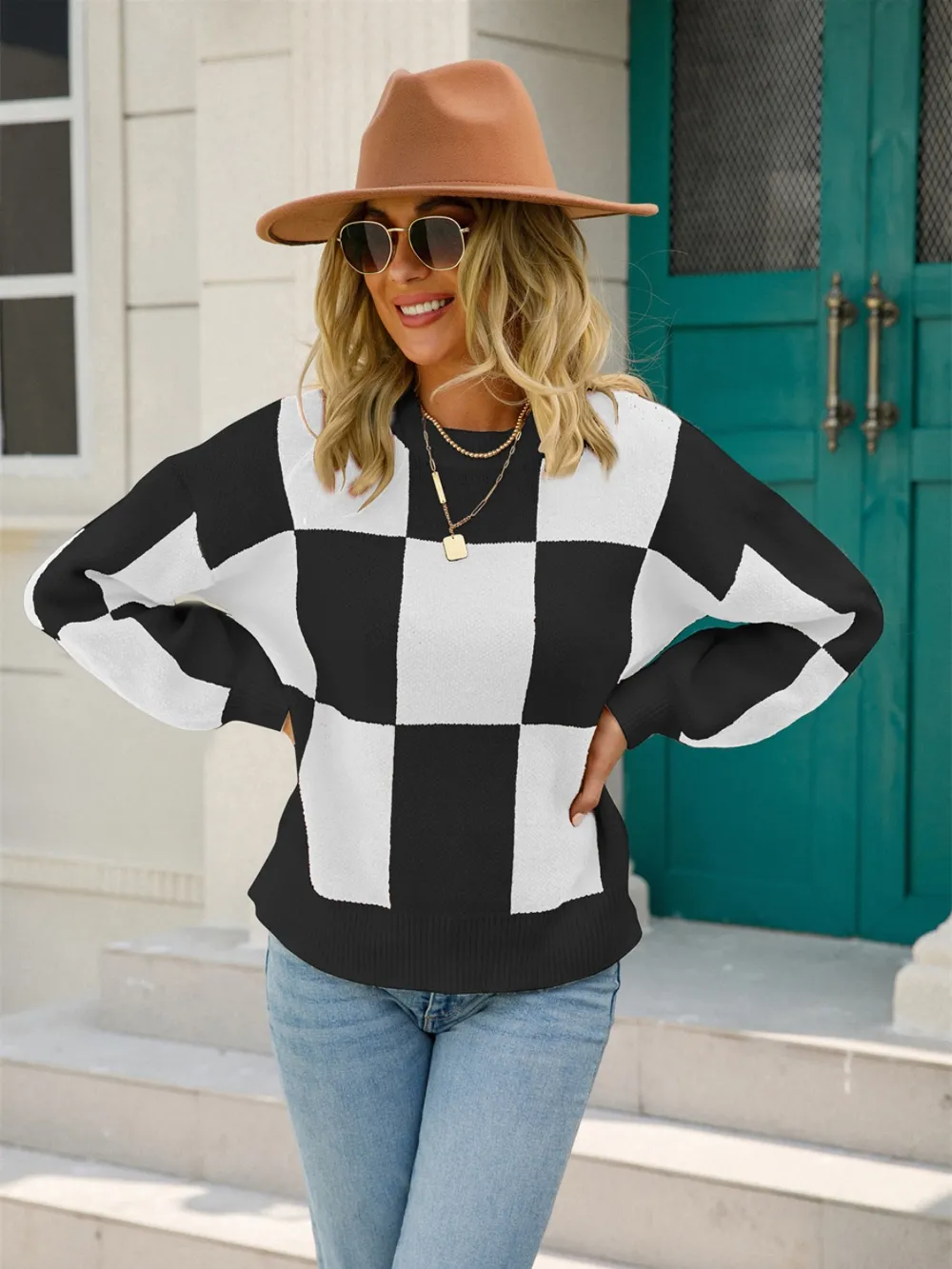 Checkered Round Neck Dropped Shoulder Sweater, image 6