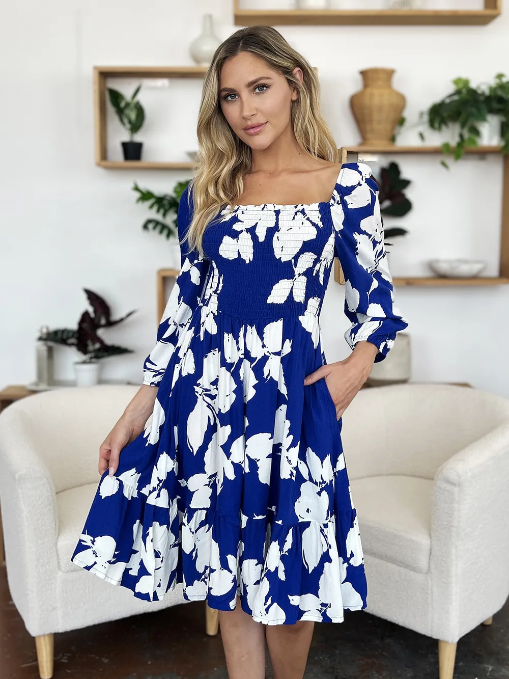 Full Size Floral Ruffle Hem Smocked Dress with Pockets, image 10