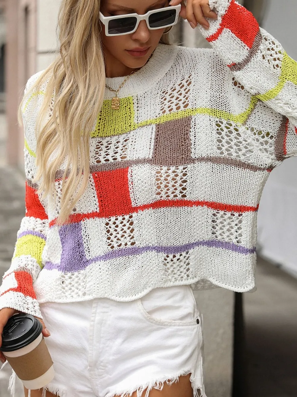 Openwork Color Block Round Neck Sweater, image 4