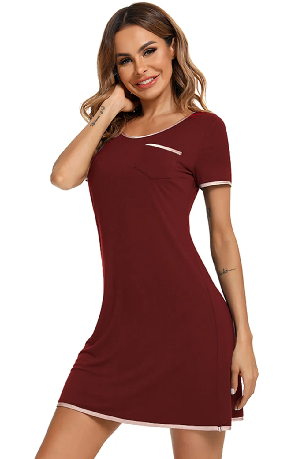 Contrast Trim Pocketed Round Neck Lounge Dress, image 9