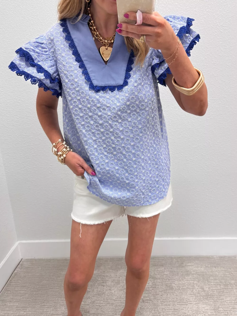 Eyelet Embroidered Flower Texture Contrast Lace Trim Flutter Sleeve Blouse, image 14