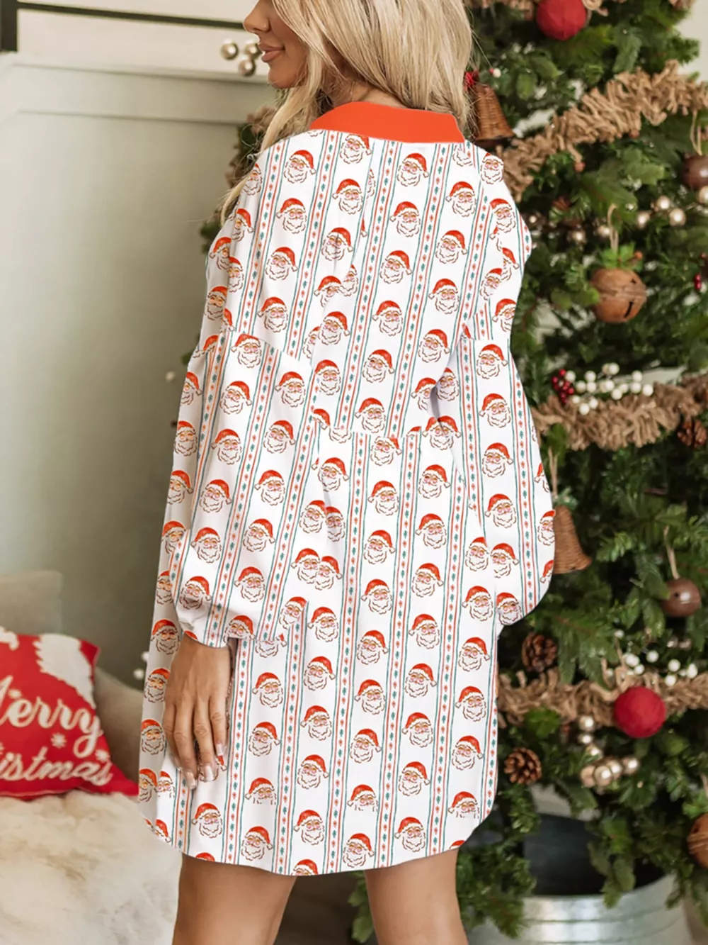 Christmas Santa Print Button Front Mini Dress, image 2