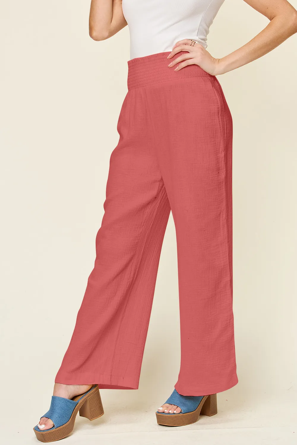 Full Size Texture Smocked Waist Wide Leg Pants, image 3