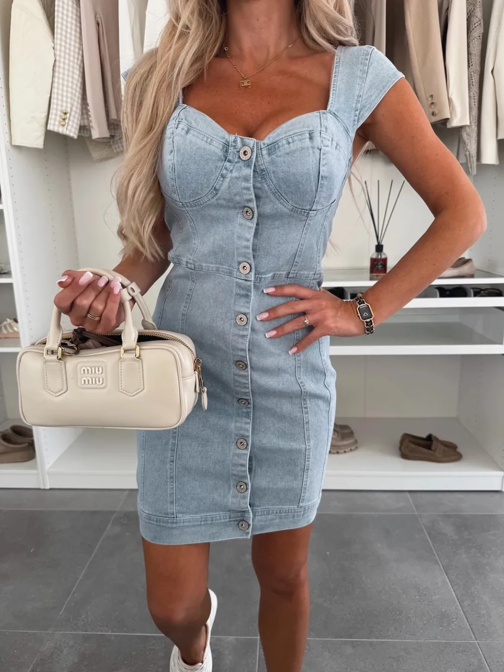 Sweetheart Neck Cap Sleeve Denim Dress, image 2