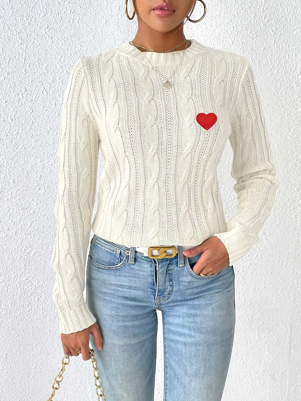 Cable-Knit Heart Round Neck Long Sleeve Sweater, image 7