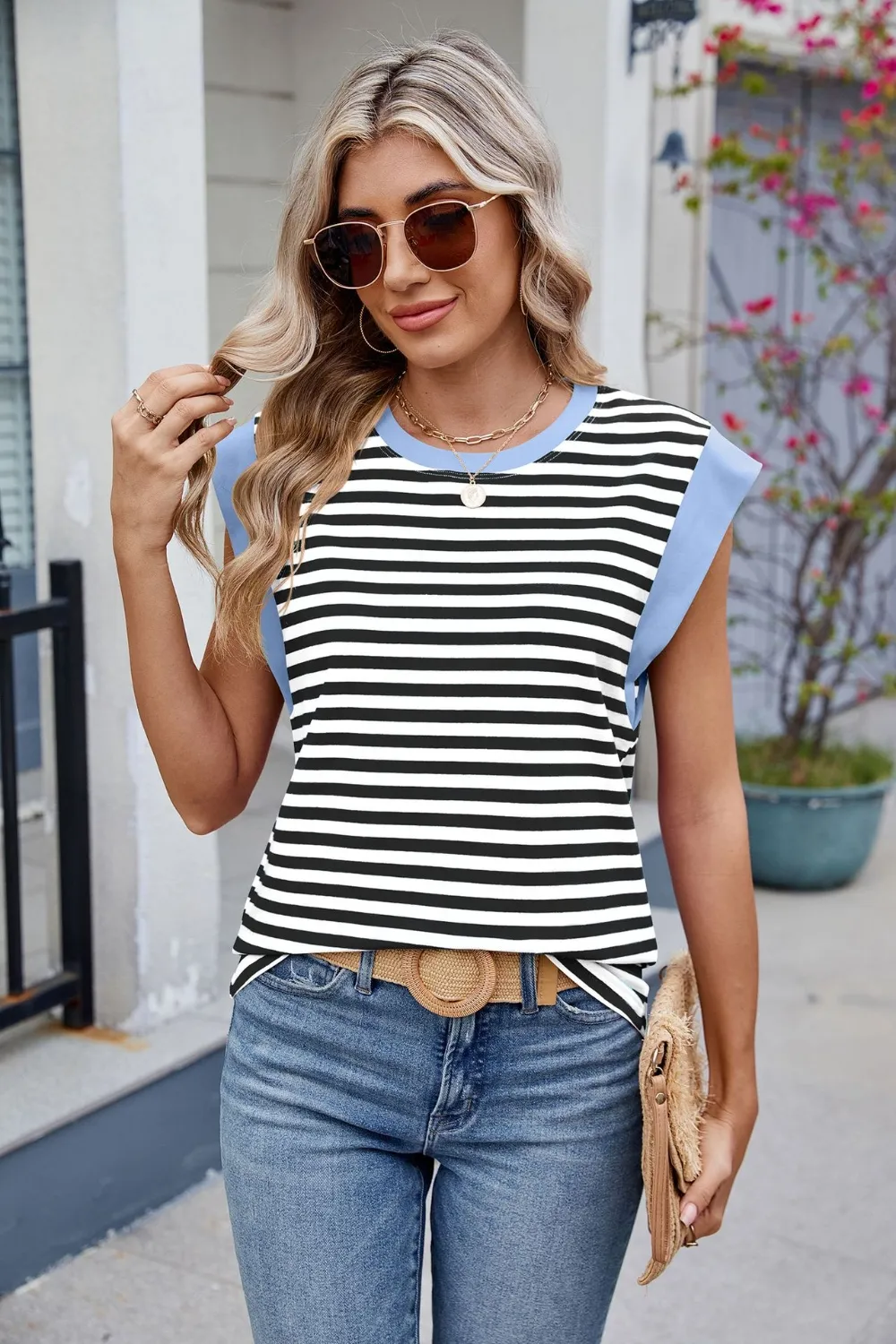 Contrast Striped Round Neck T-Shirt, image 11