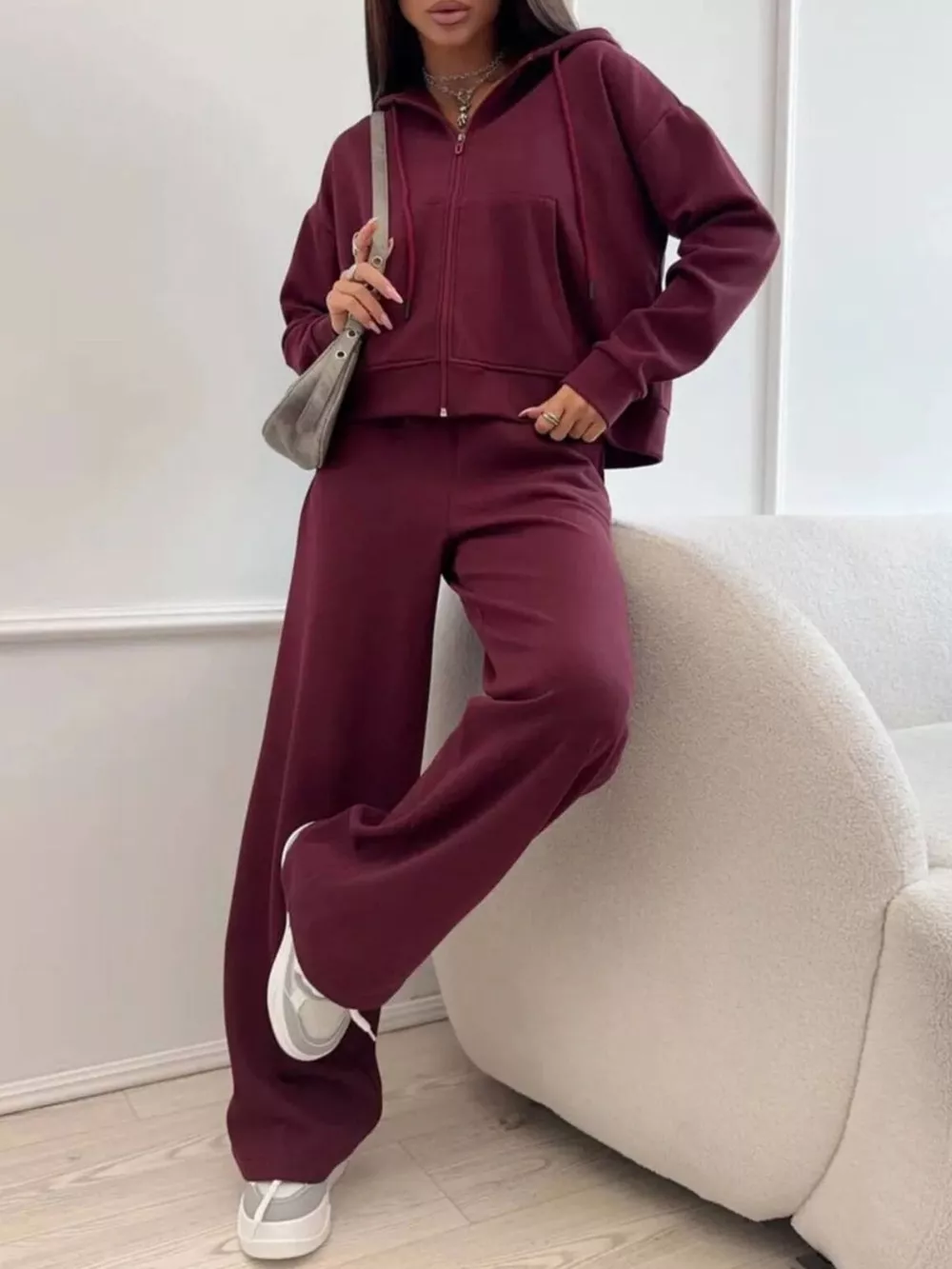 Zip-Up Hoodie and Wide-Leg Pants Set, image 10