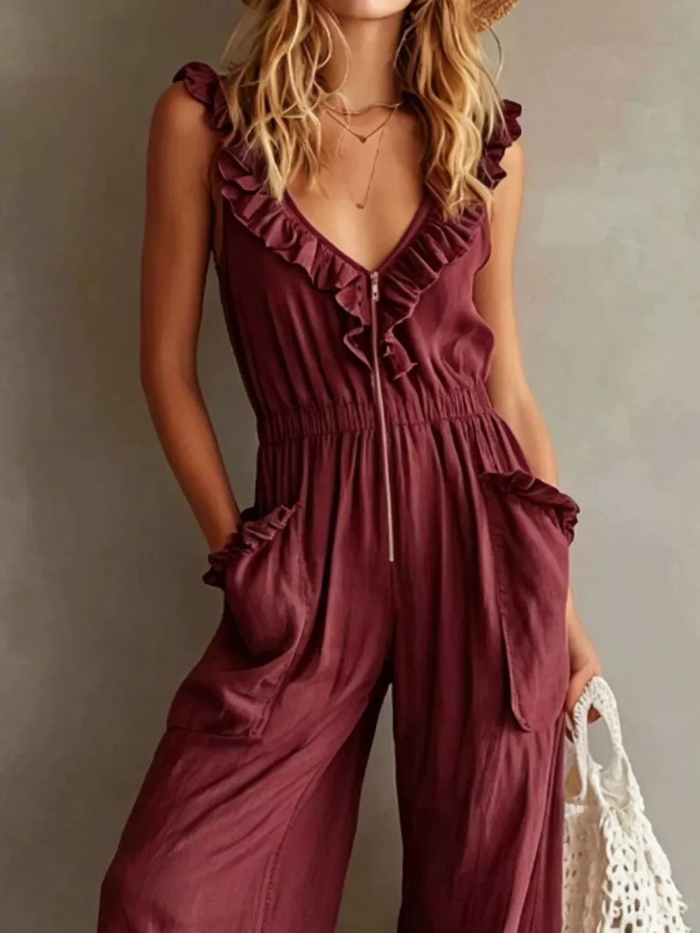 Ruffled V-Neck Wide Leg Jumpsuit, image 14