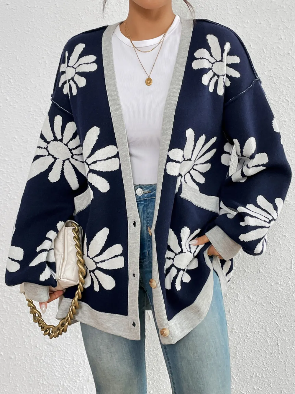 Contrast Dropped Shoulder Long Sleeve Cardigan, image 6