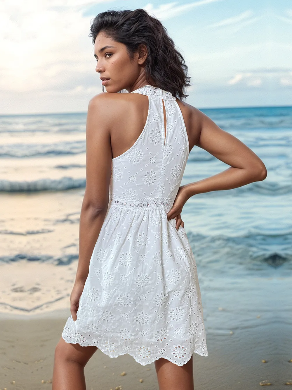 Eyelet Grecian Neck Mini Dress, image 4