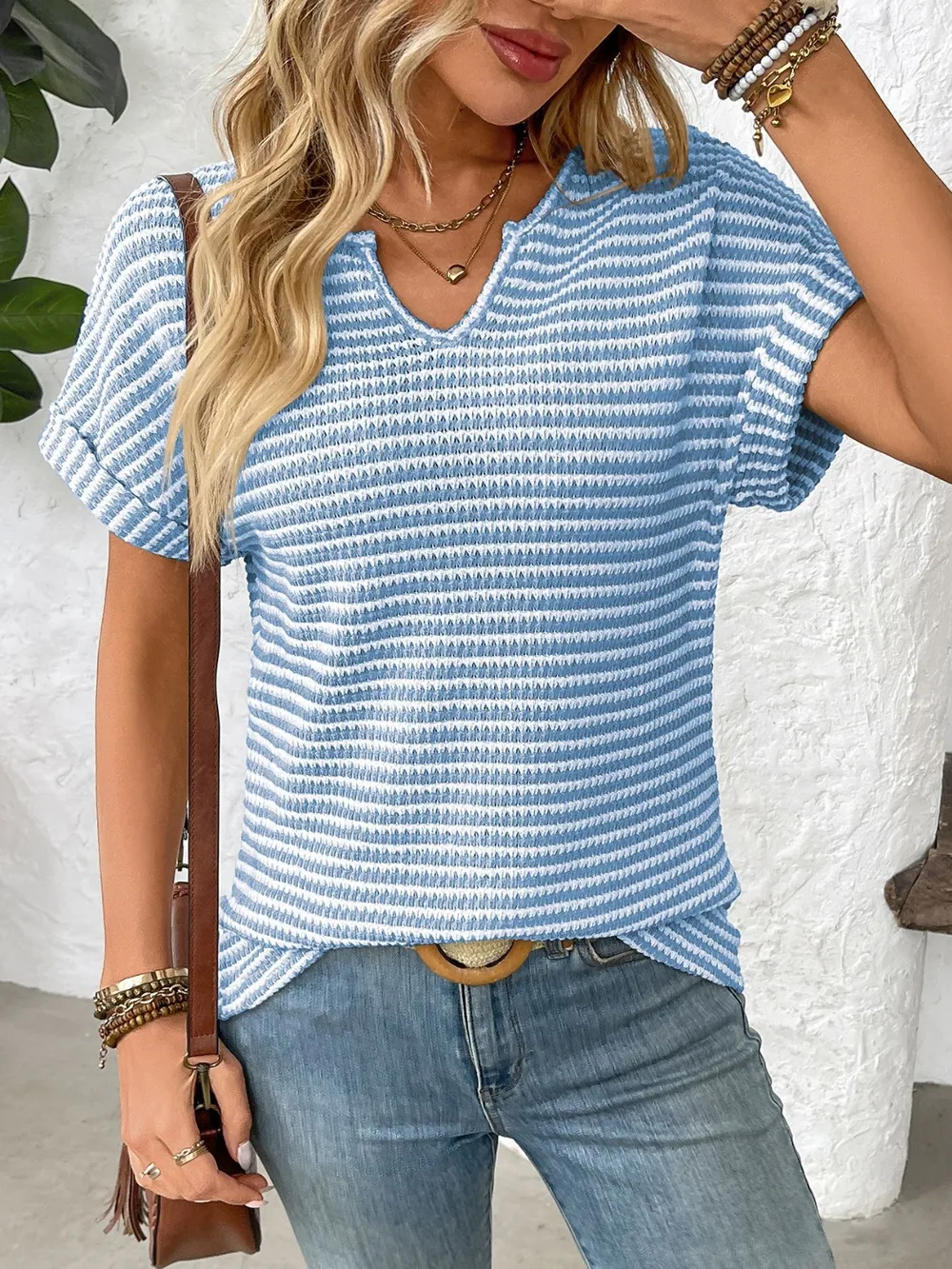 Striped Notched Short Sleeve T-Shirt, image 12