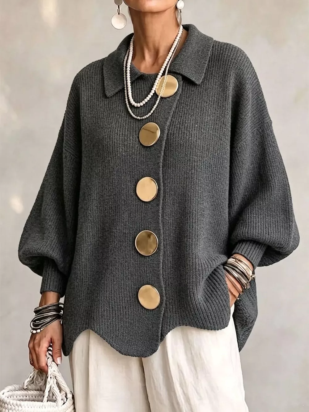 Full Size Gold Buttons Lantern Sleeve Cardigan Plus Size, image 16