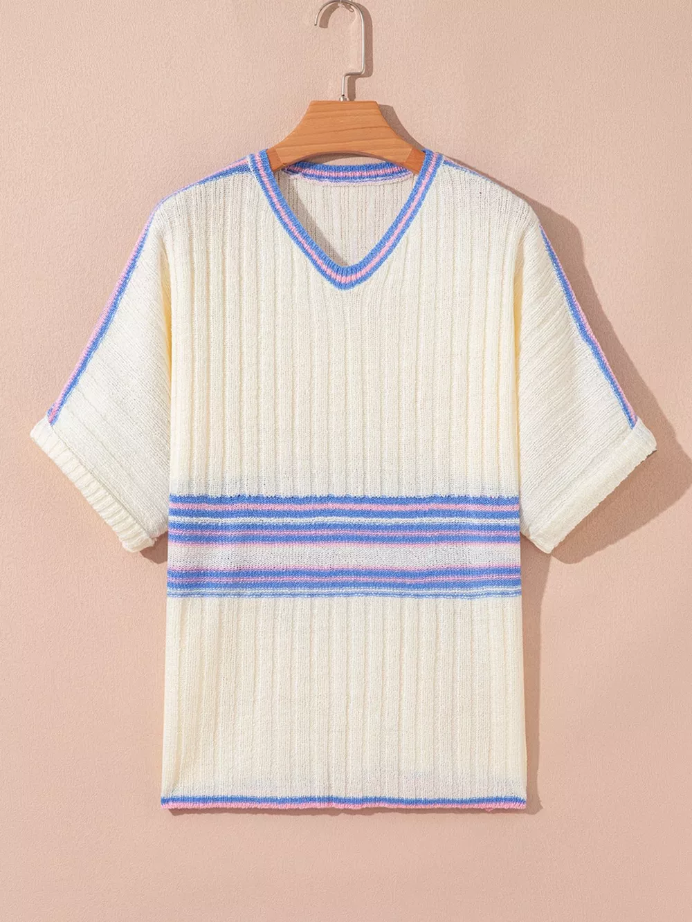 Striped V Neck Dolman Sleeve Rib Knit Oversized Sweater with Slits, image 3
