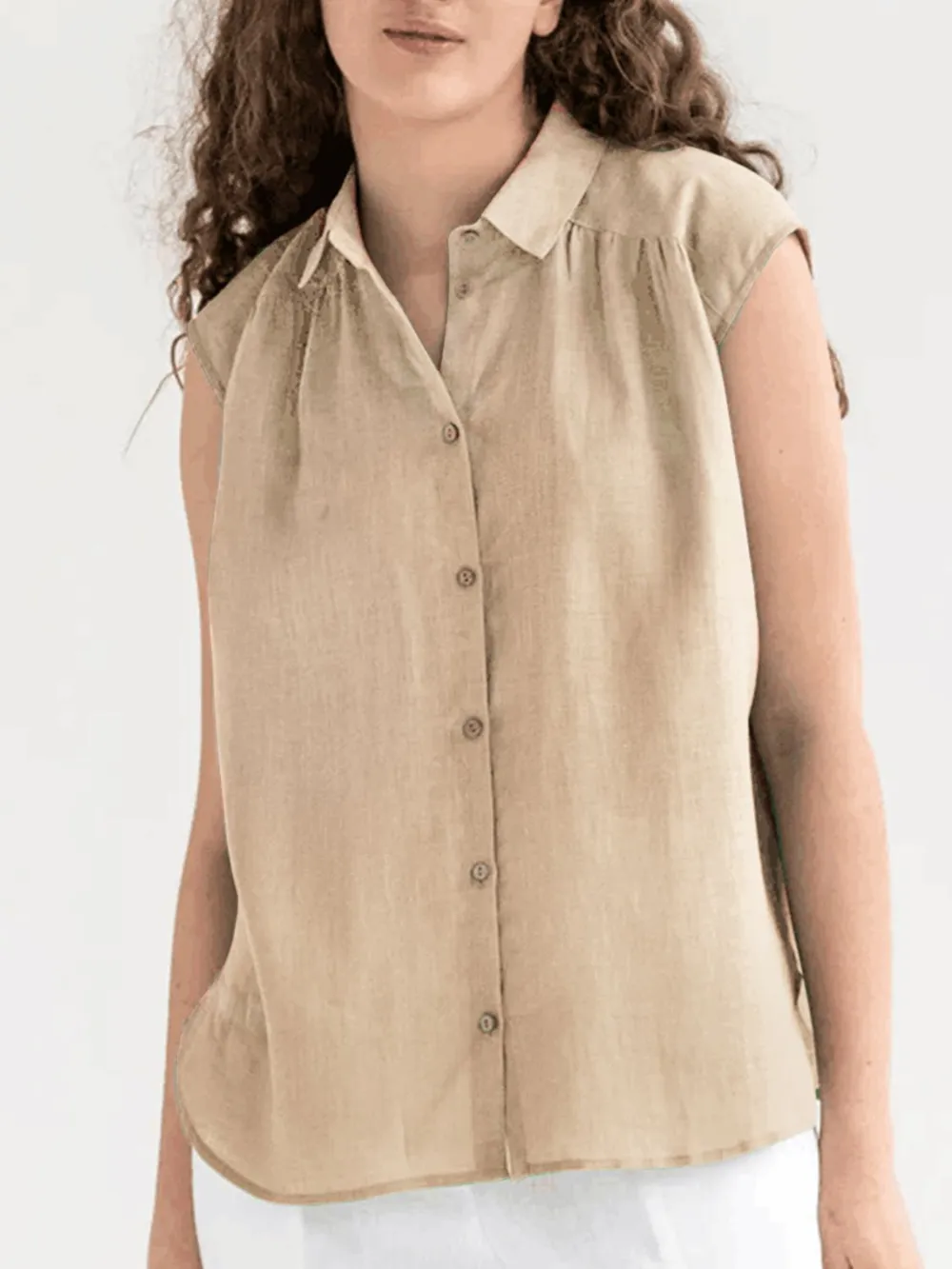 Button Up Collared Neck Cap Sleeve Shirt, image 2
