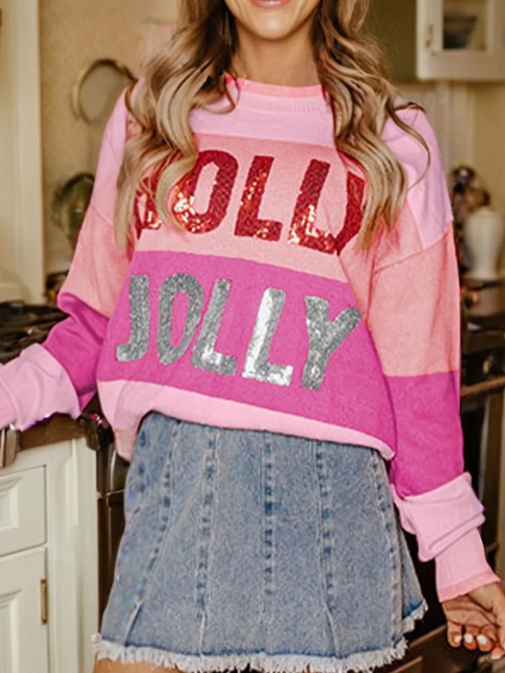 Sequined HOLLY JOLLY Color Block Crew Neck Sweater, image 3