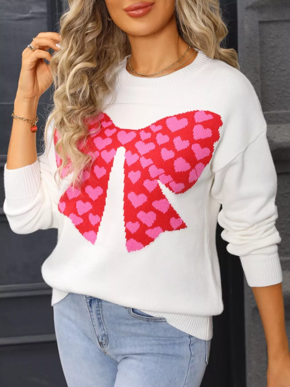 Valentine's Day Heart Bow Round Neck Sweater, image 8