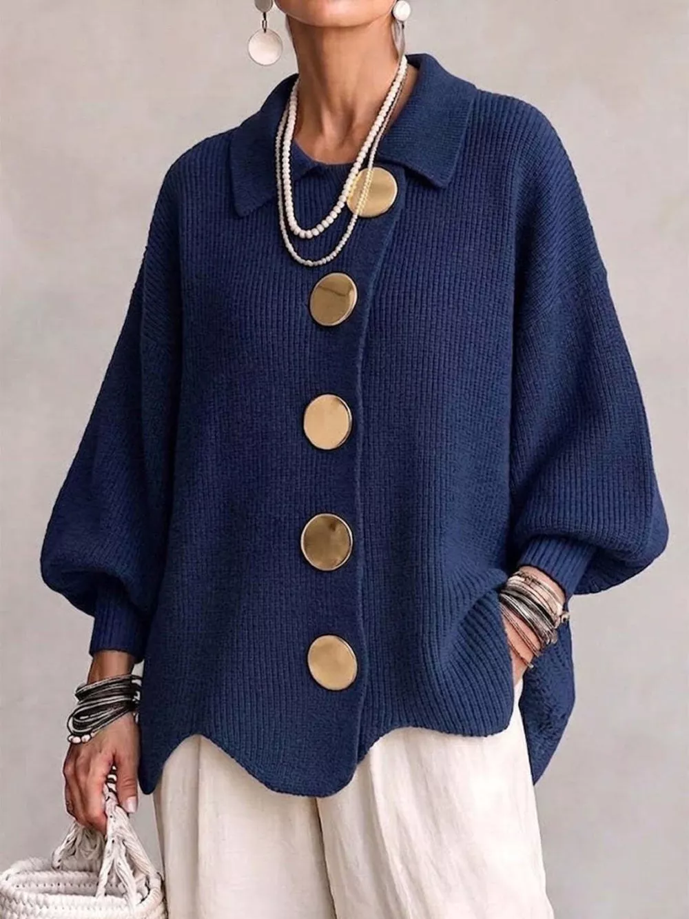 Full Size Gold Buttons Lantern Sleeve Cardigan Plus Size, image 7