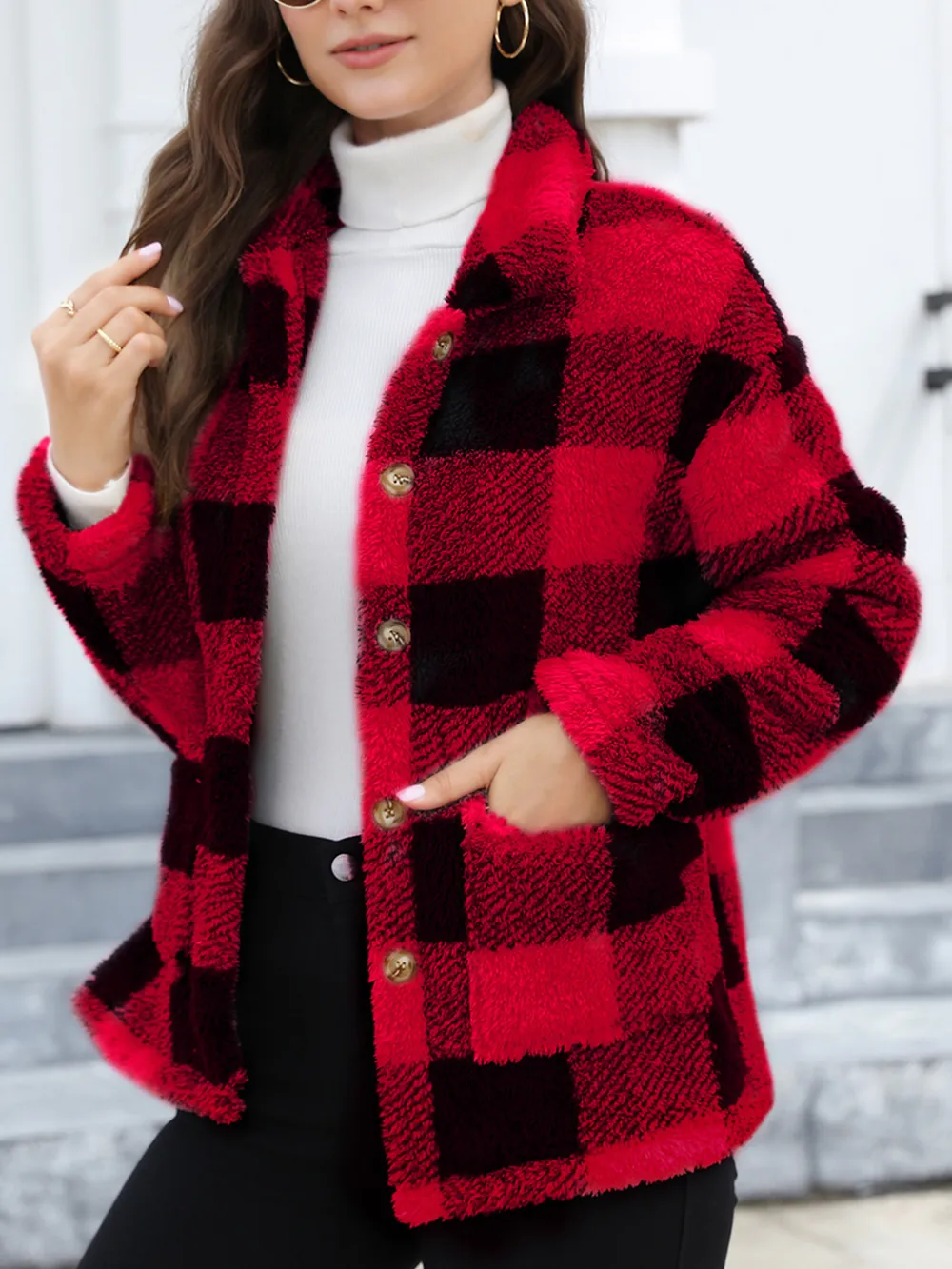 Button Up Drop Shoulder Fuzzy Jacket, image 5