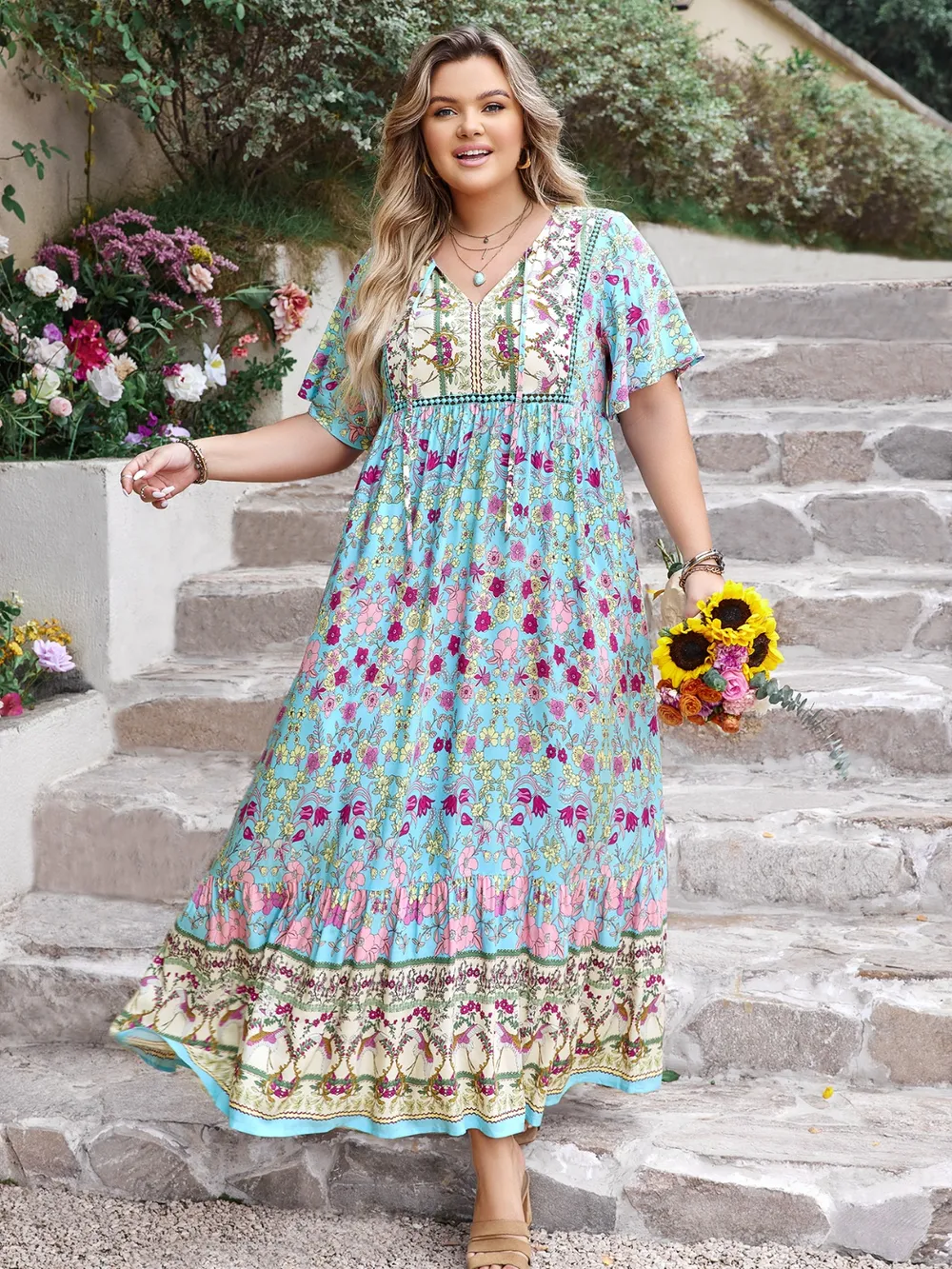 Plus Size Printed Tie Neck Flutter Sleeve Maxi Dress, image 7