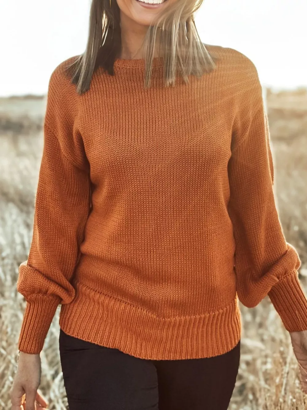 Solid Color Ribbed Trim Drop Shoulder Sweater