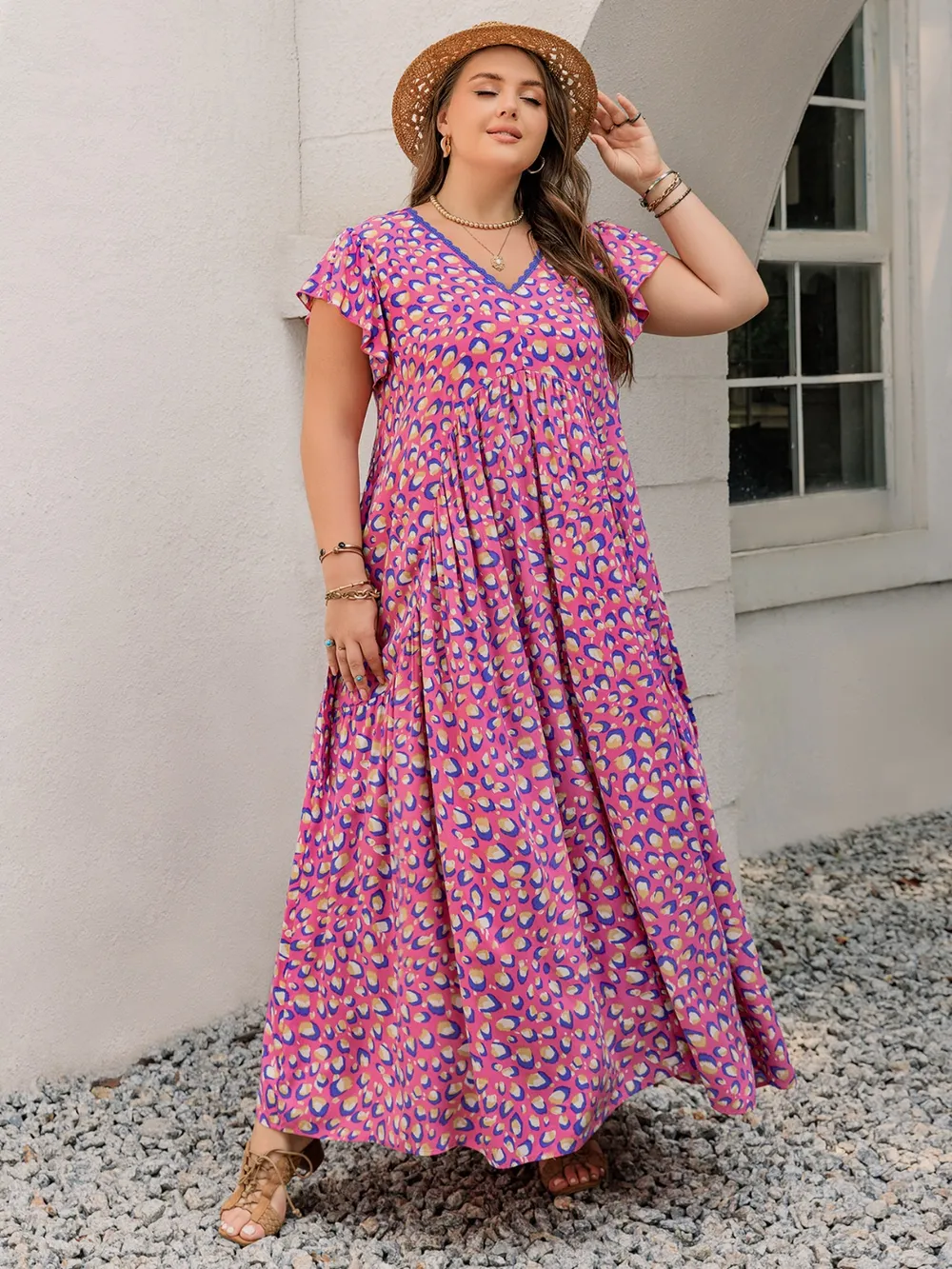 Plus Size Printed V-Neck Flutter Sleeve Tie Waist Maxi Dress, image 3