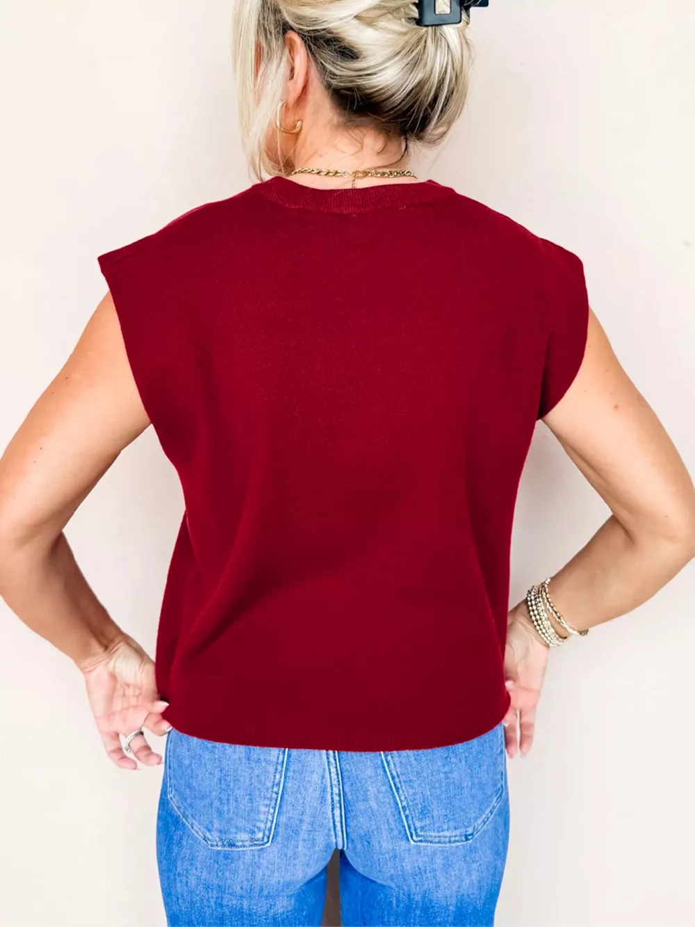 Solid Color Crew Neck Knit Cap Sleeve Sweater, image 2