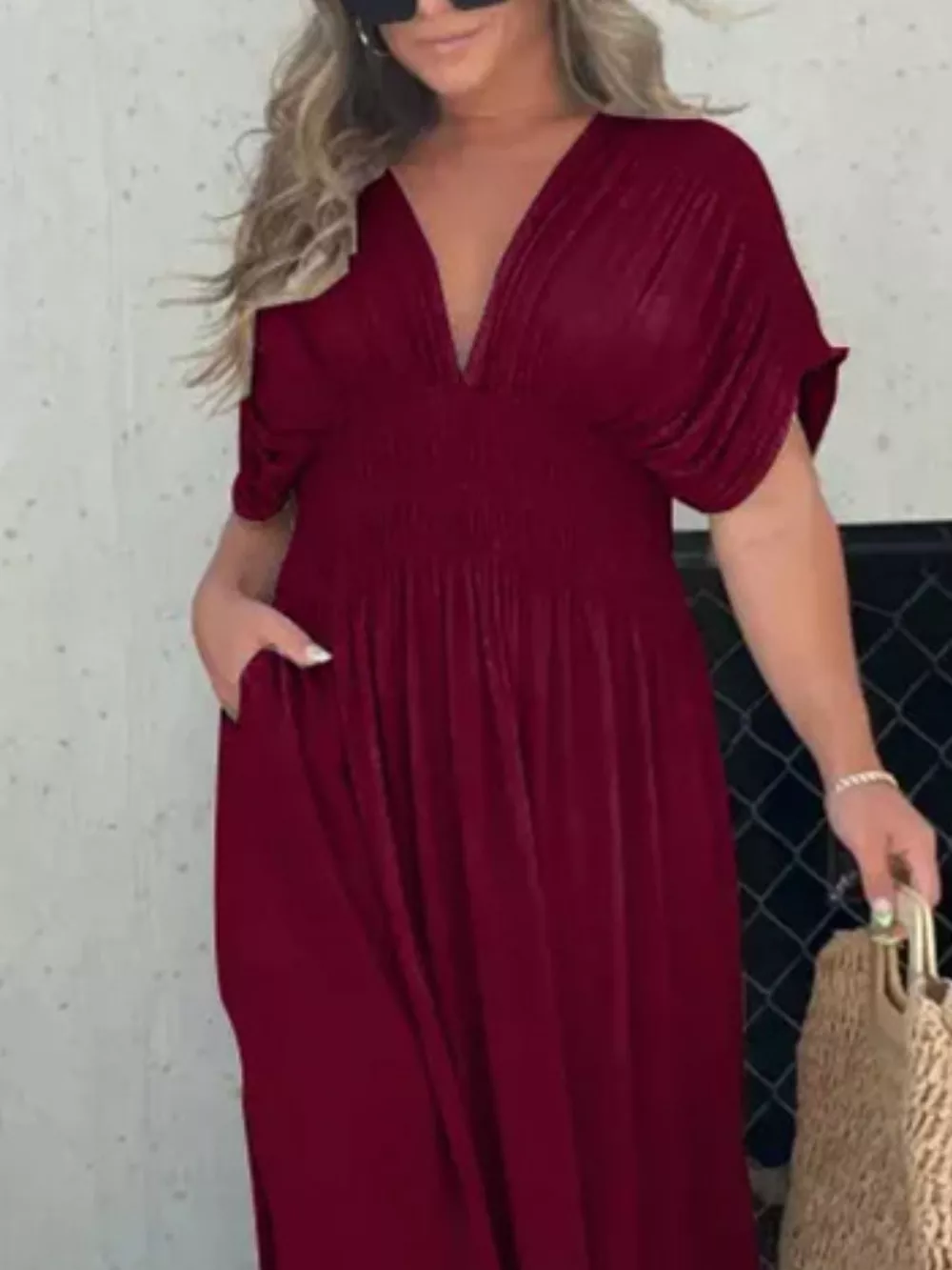 Full Size Slit V-Neck Smocked Waist Maxi Dress Plus Size, image 13