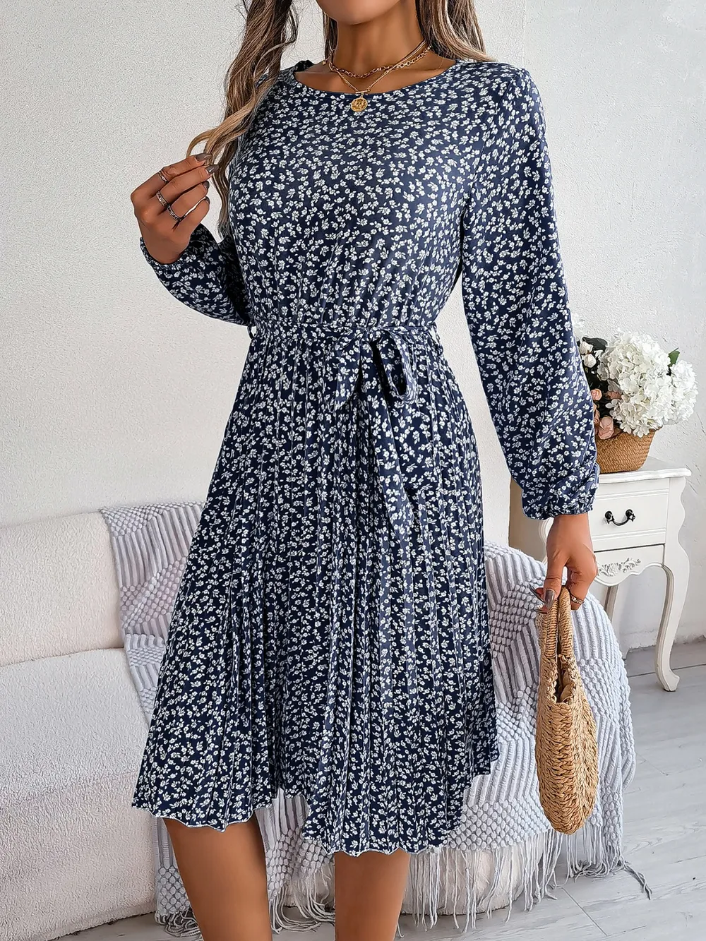 Ditsy Floral Tie Waist Pleated Dress, image 13