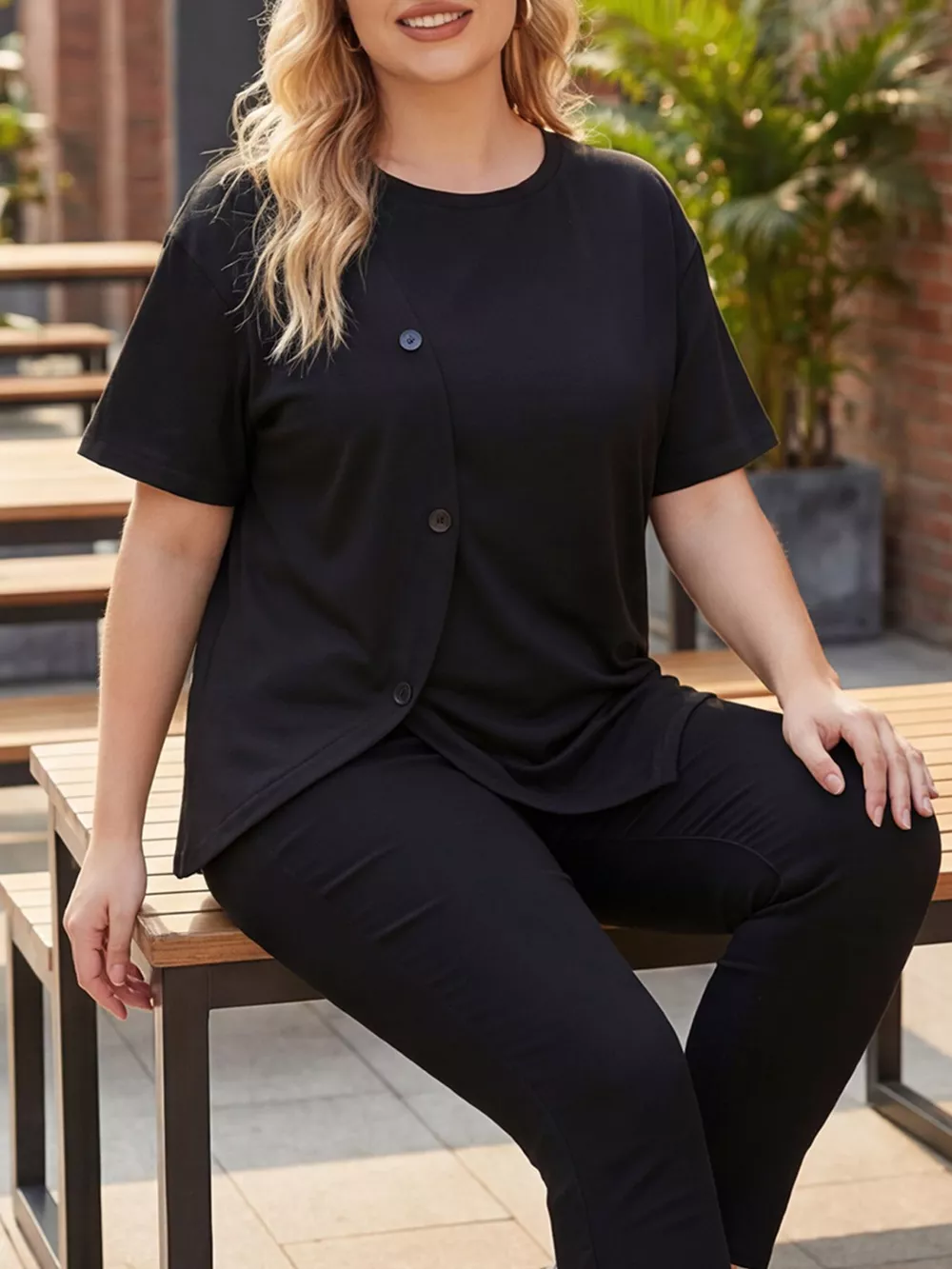 Plus Size Asymmetrical Button Decor Short Sleeve T-Shirt, image 4