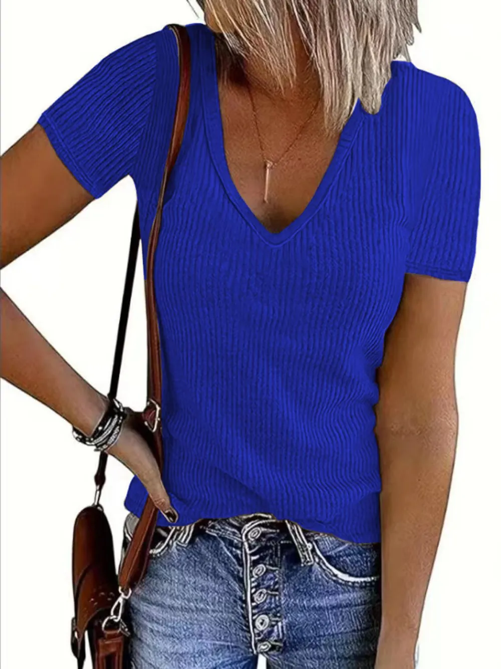 Solid V-Neck Short Sleeve T-Shirt, image 9