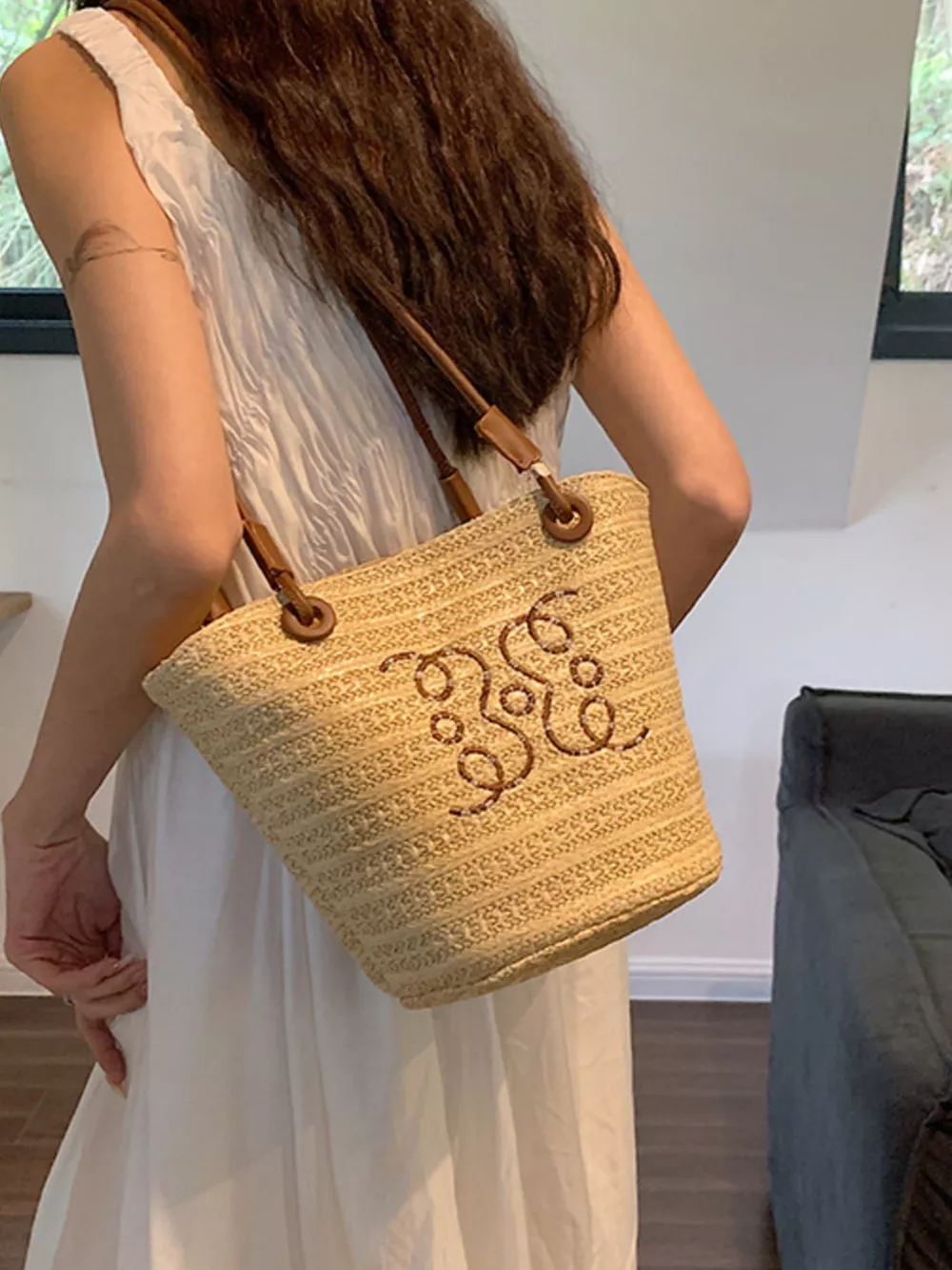 Straw Bucket Shoulder Bag, image 4