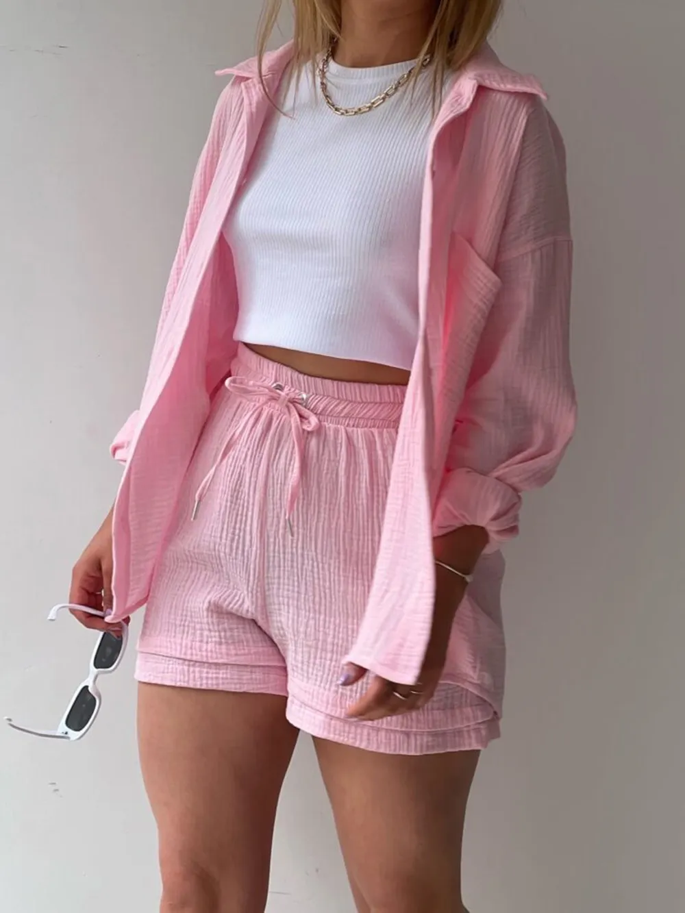 Texture Button Up Shirt and Drawstring Shorts Set, image 18