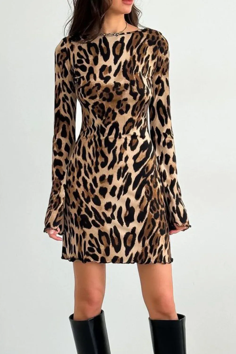 Backless Leopard Long Sleeve Mini Dress, image 3