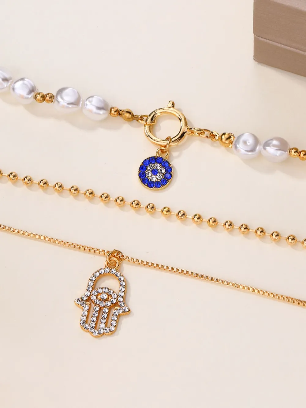 Layered Pearl Chain Evil Eye Hamsa Pendant Necklace, image 3